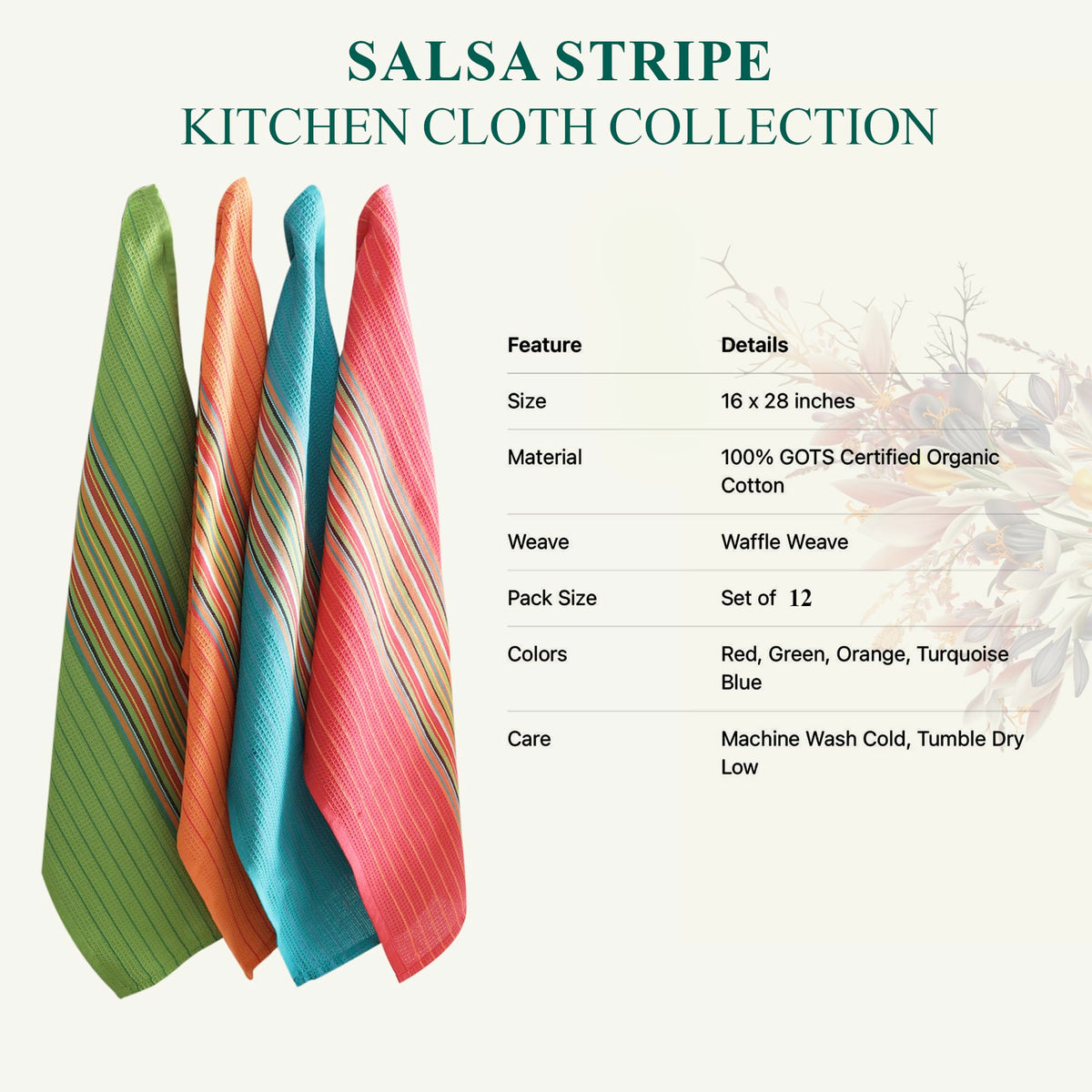 DG Collections Salsa Stripe multi-use towel great for drying dishes or covering bread.