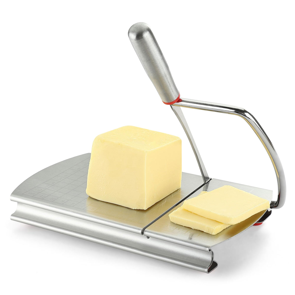DGLOZE cheese slicer blade close-up showing precise cutting action on hard cheese