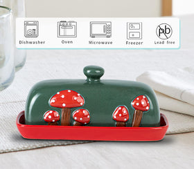 dgudgu mushroom butter dish in red kitchen scene on countertop