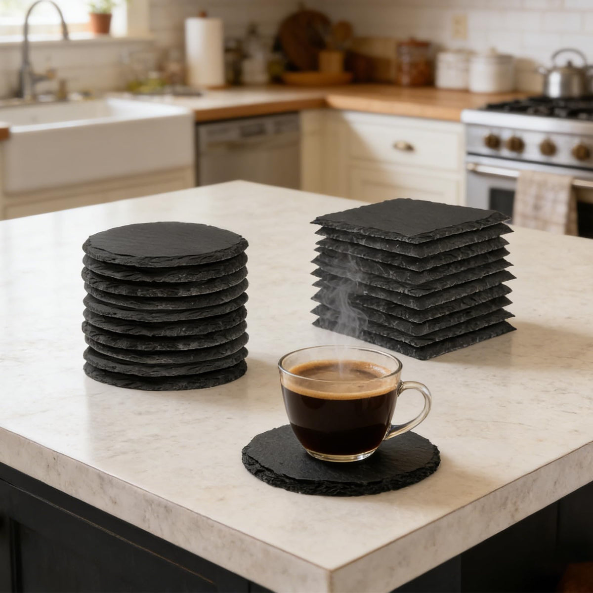 dhfsleo slate coaster with non-slip base keeps drinks from sliding.