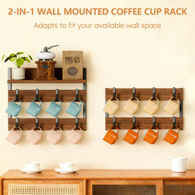Dhmkfly wooden and metal mug rack displays up to 16 cups securely.