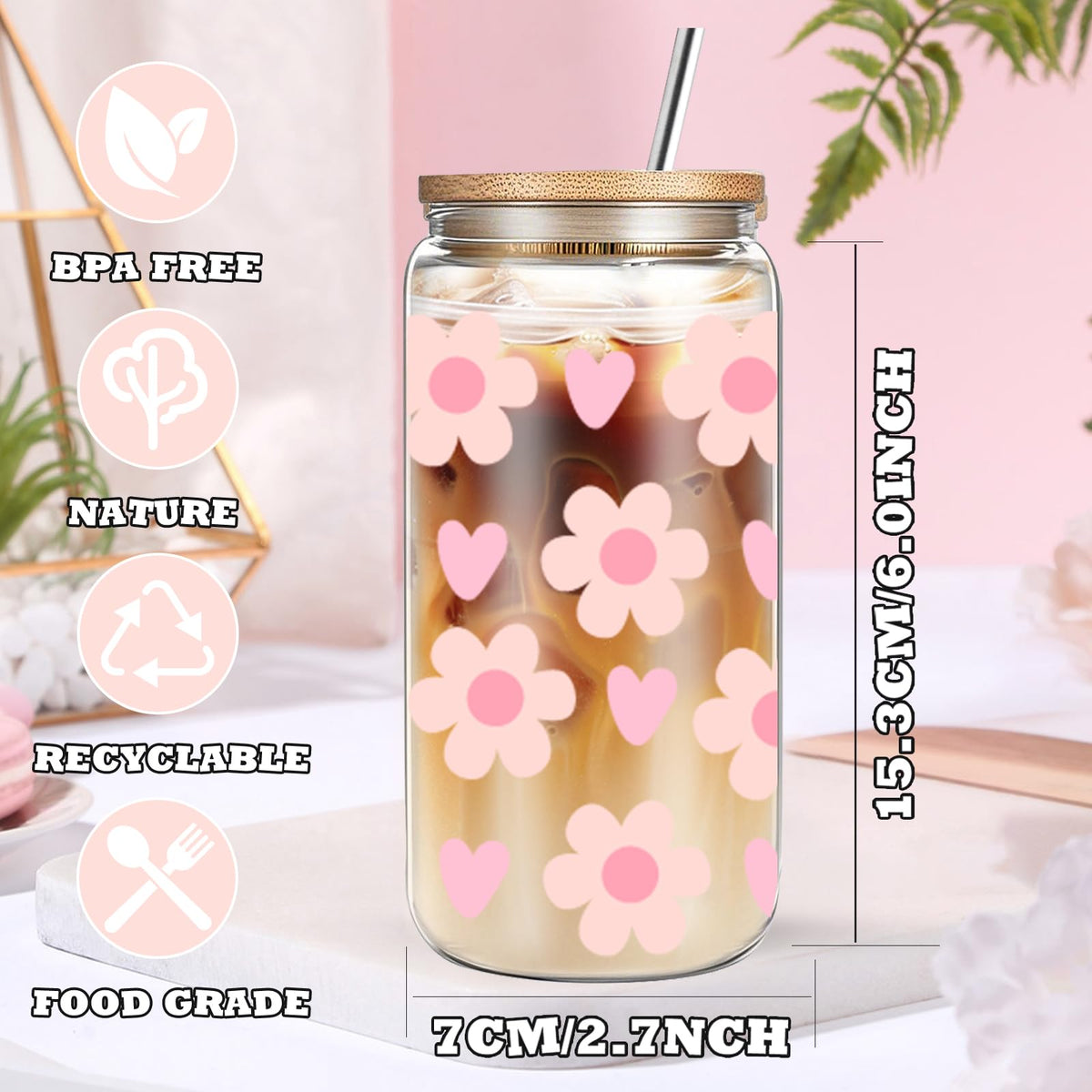 DHQH daisy glass cup 16oz with colorful pattern for daily use.