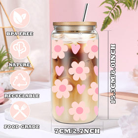DHQH daisy glass cup 16oz with colorful pattern for daily use.