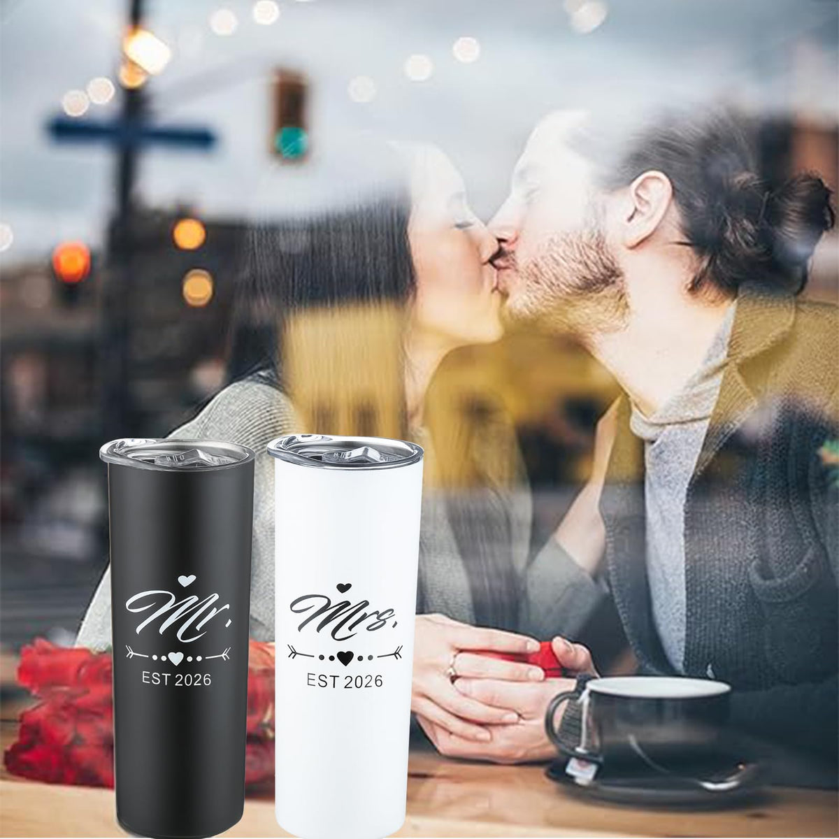 DHQH Mr and Mrs 2026 tumbler 20oz with lid and straw for convenient sipping.