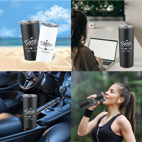 DHQH Mr and Mrs 2026 tumbler insulated double-wall for hot and cold drinks.