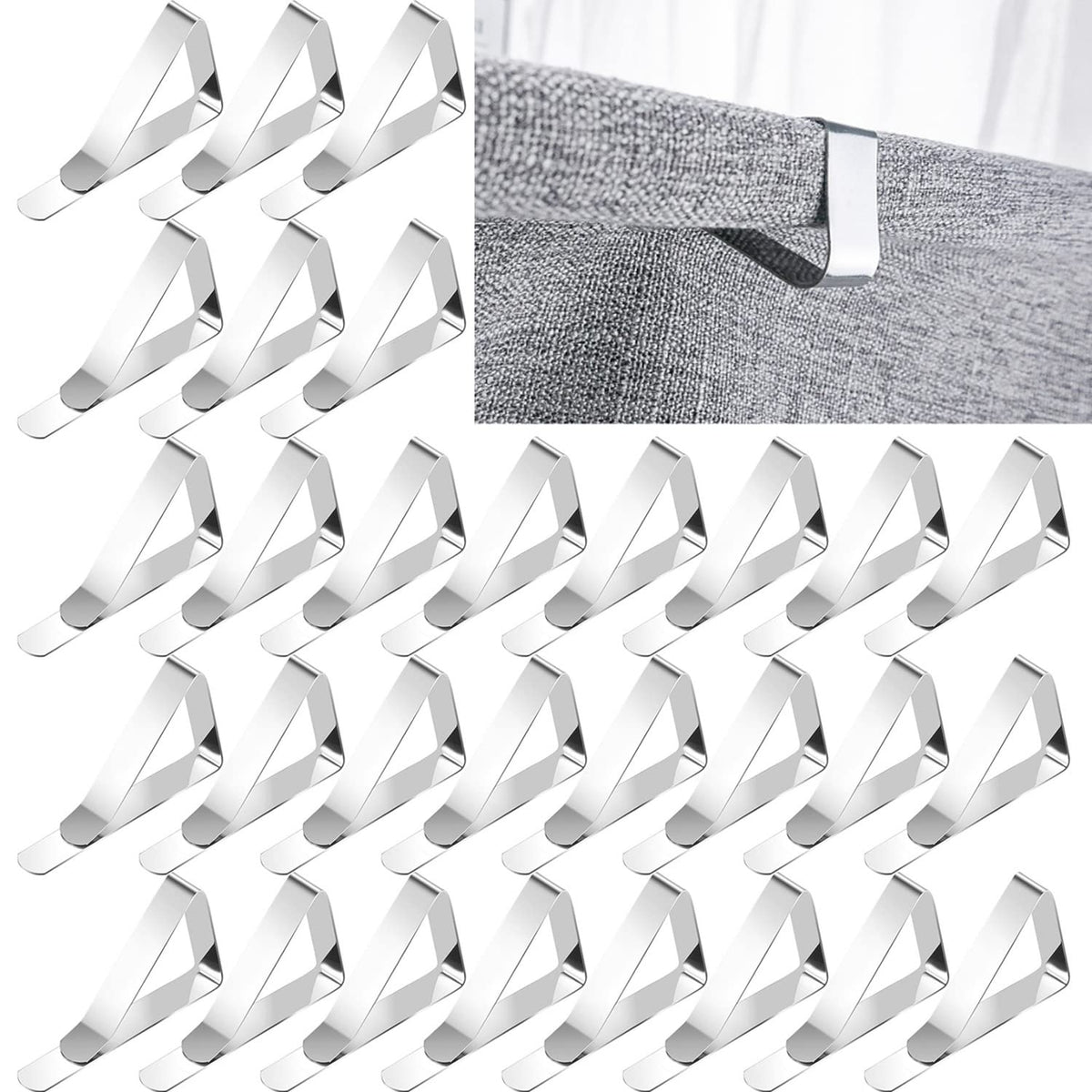 DHYLRICHER tablecloth clips 60-pack securing a cloth on a wood table outdoors