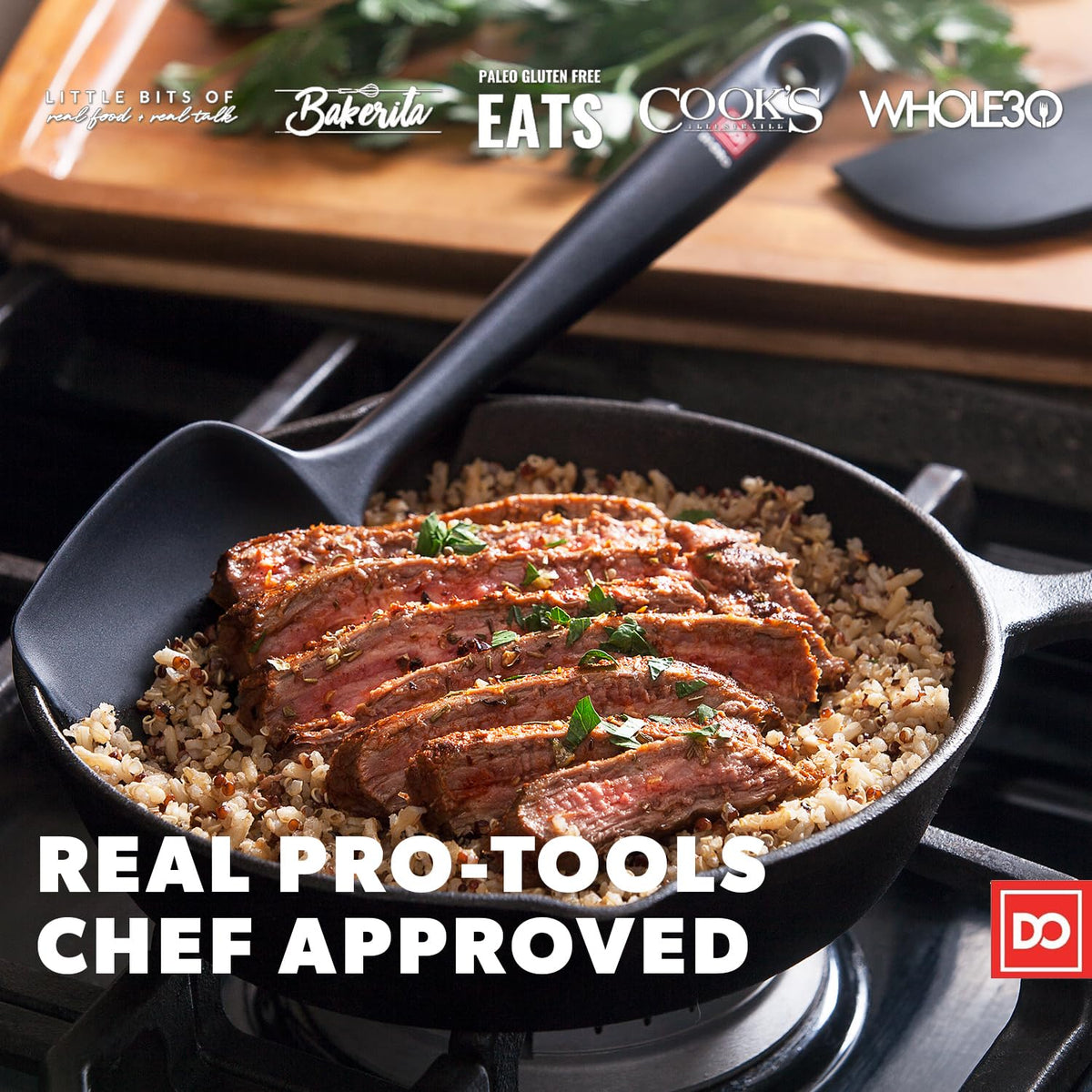 Heat-resistant up to 600°F spatula ideal for high-heat sautéing.