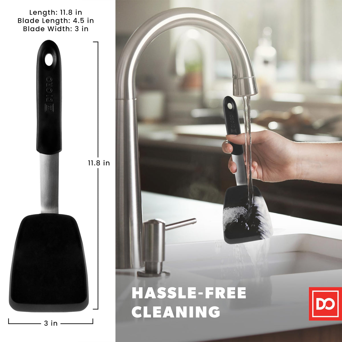 Di Oro Living Chef Series Standard Spatula uses BPA-free silicone to protect nonstick cookware.