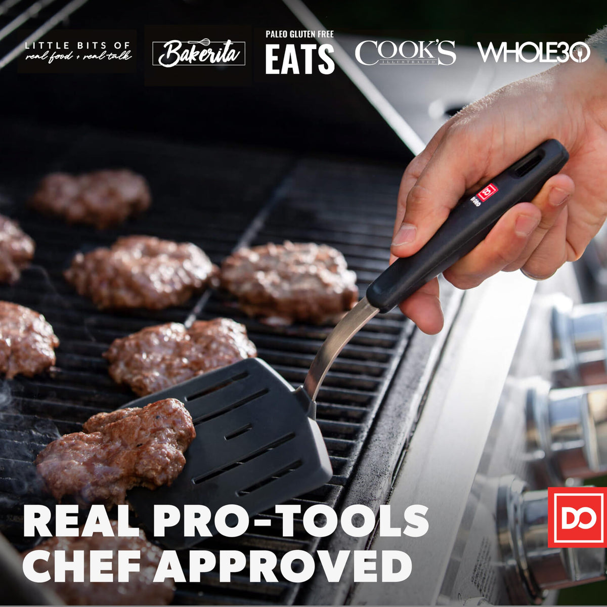 Di Oro Living 600°F heat-resistant silicone spatula handling high-heat cooking.