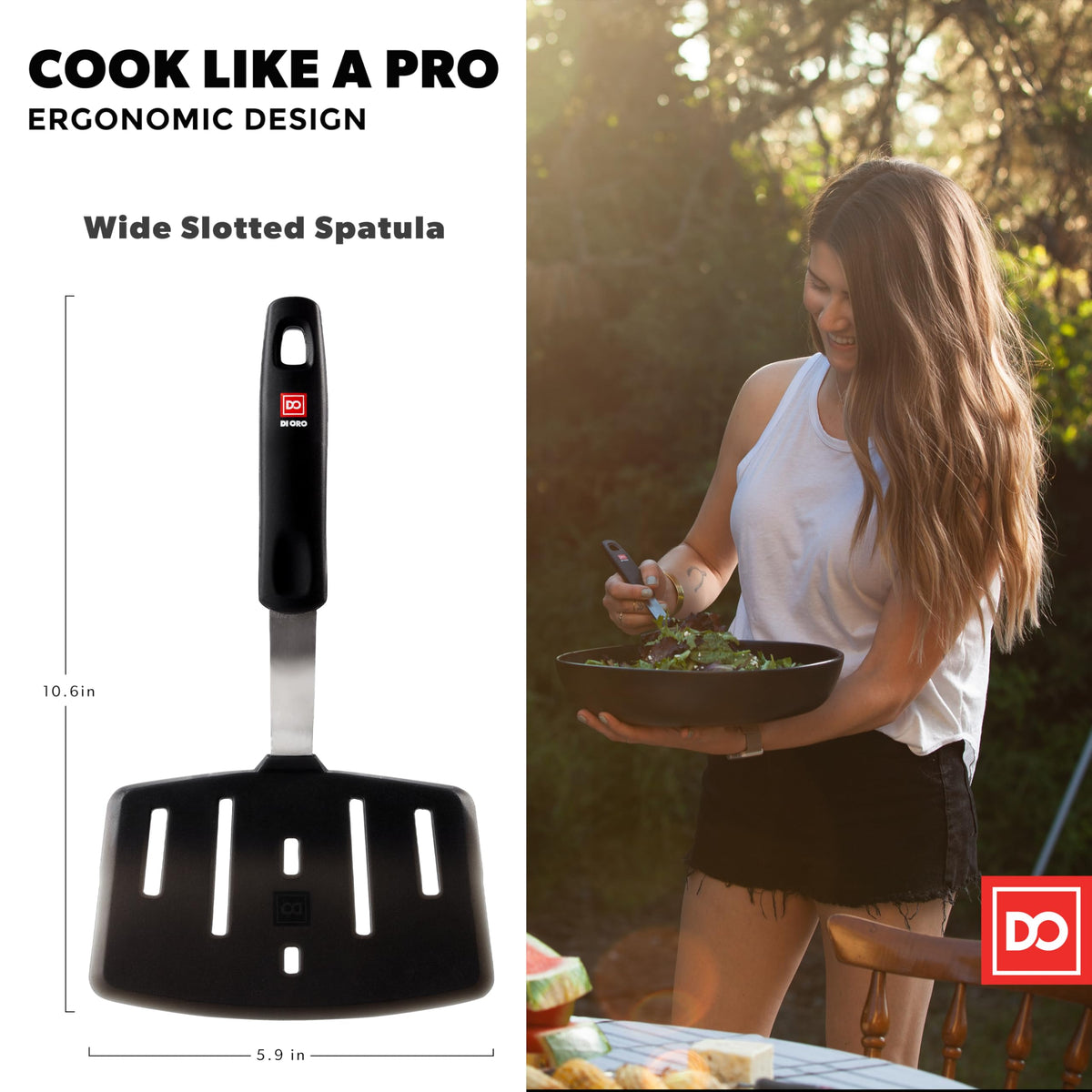 Di Oro Living dishwasher-safe spatula for quick cleanup after cooking.