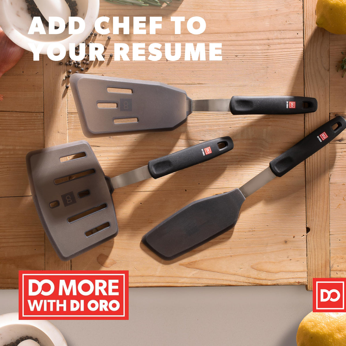 Di Oro Living silicone spatula in action during sautéing and turning.