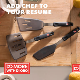 Di Oro Living silicone spatula in action during sautéing and turning.