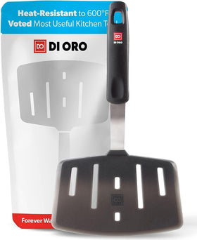 Di Oro Living Designer Series wide-slotted spatula handle shown for heat-resistant comfort.