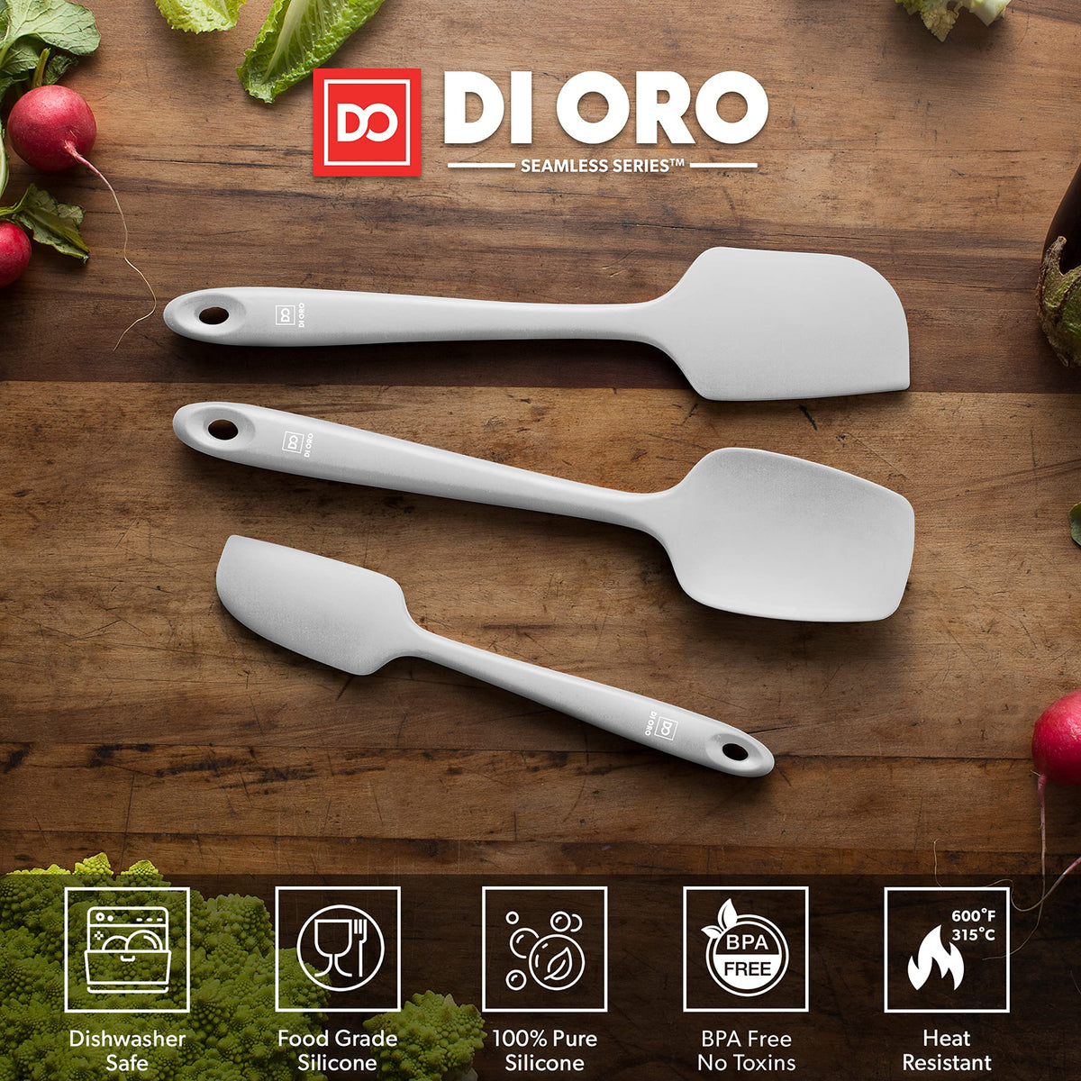 DI ORO Living silicone spatulas are dishwasher-safe for quick cleanup after cooking.