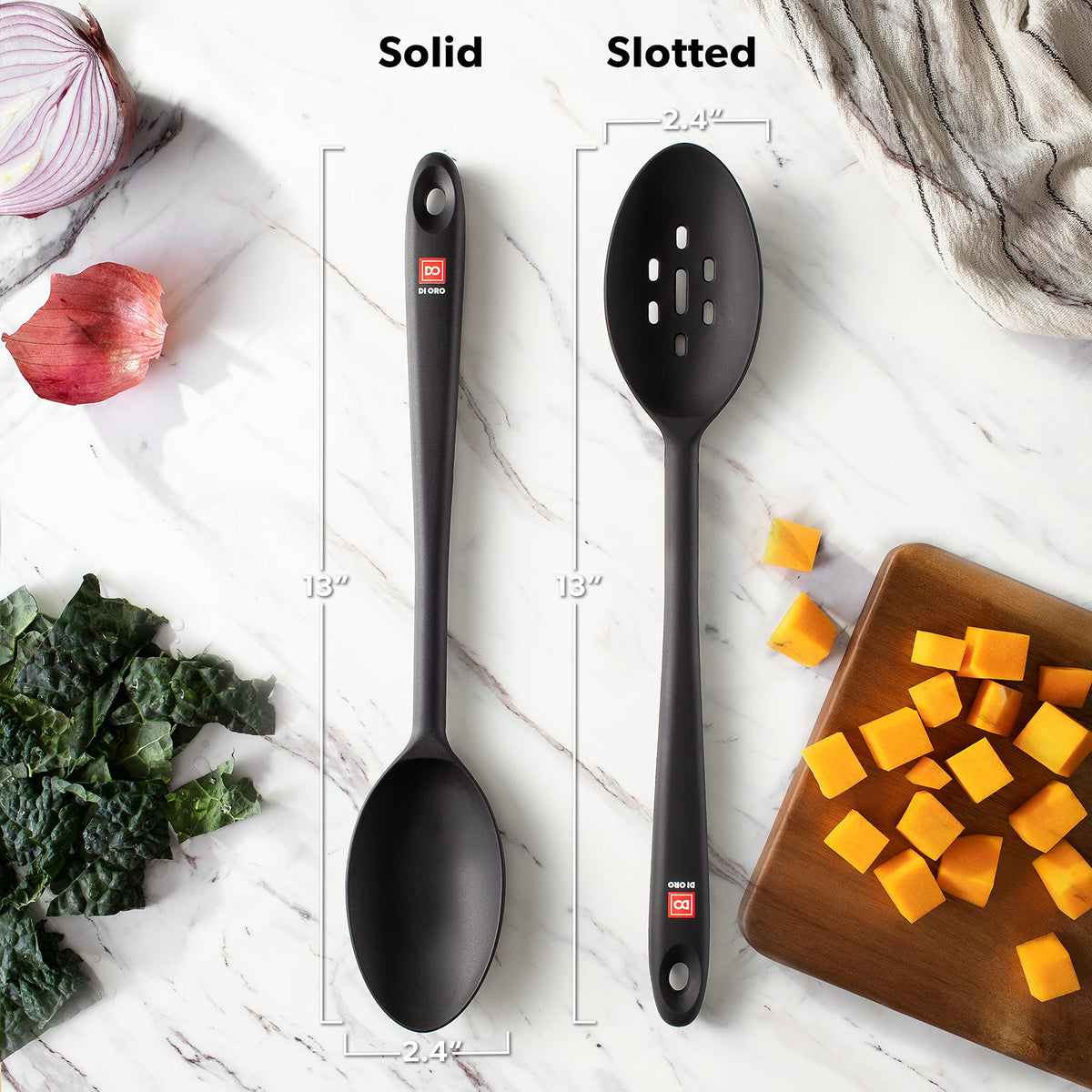 DI ORO Living spoon resist heat up to 600°F for high-heat tasks.