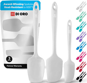 DI ORO Living silicone spatula set heat resistant up to 600°F for high-heat cooking.