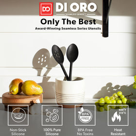 DI ORO Living slotted silicone spoon 13-inch drains vegetables while cooking.