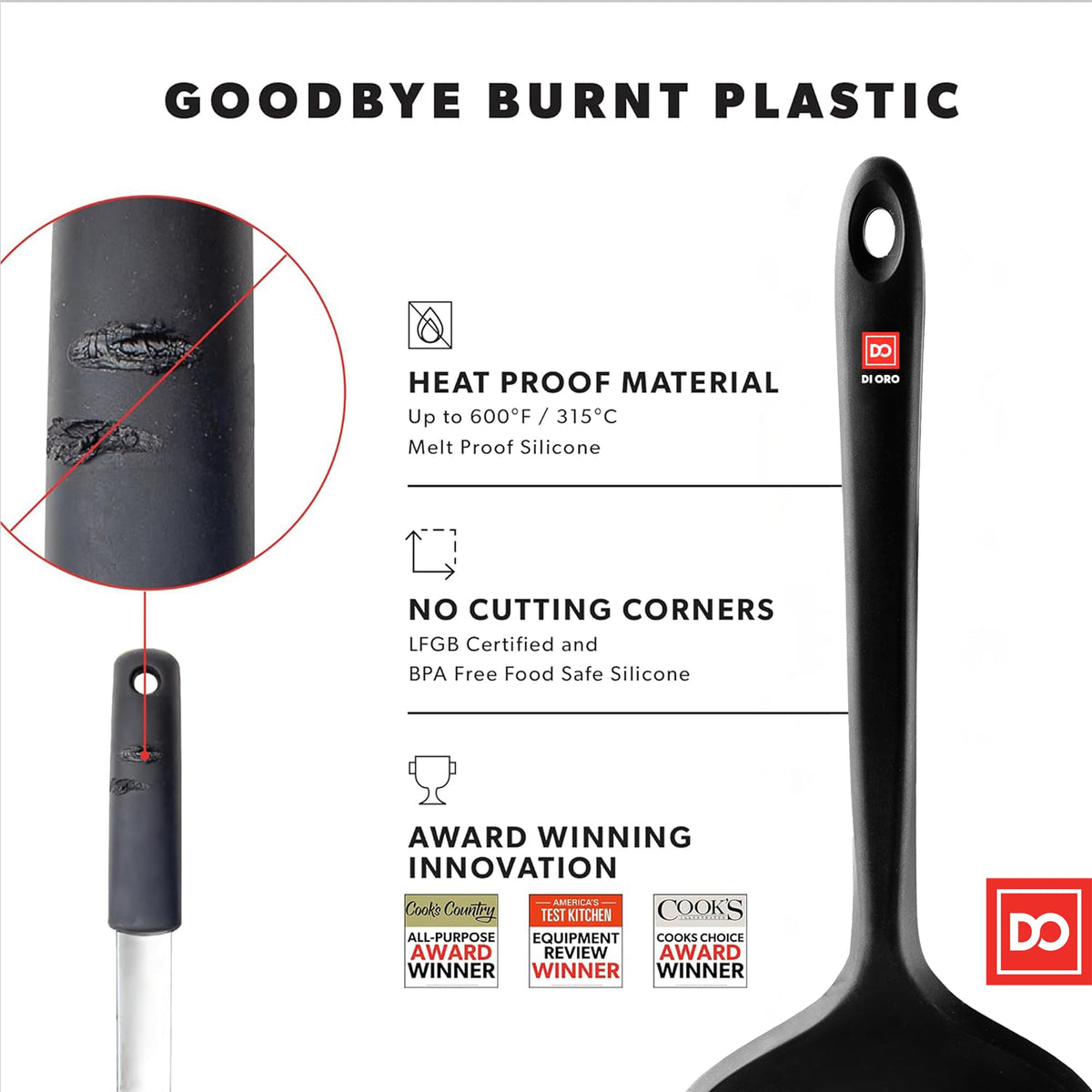 DI ORO Living heat-resistant turners protect nonstick surfaces during high-heat cooking.