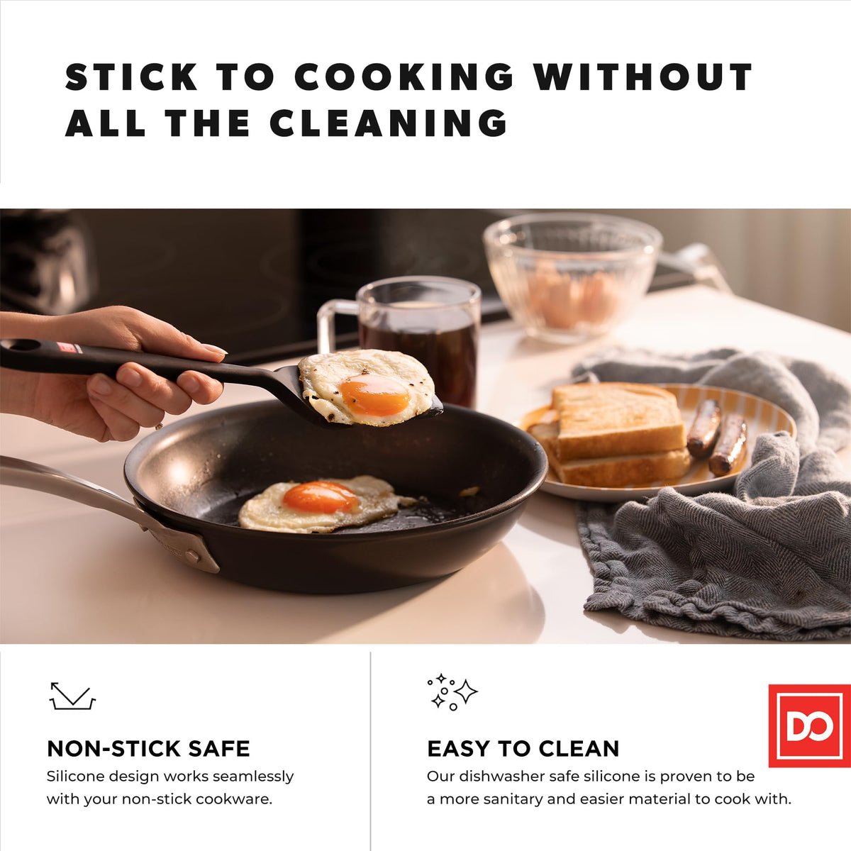 DI ORO Living four-piece silicone set in action flipping pancakes smoothly.