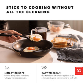 DI ORO Living four-piece silicone set in action flipping pancakes smoothly.