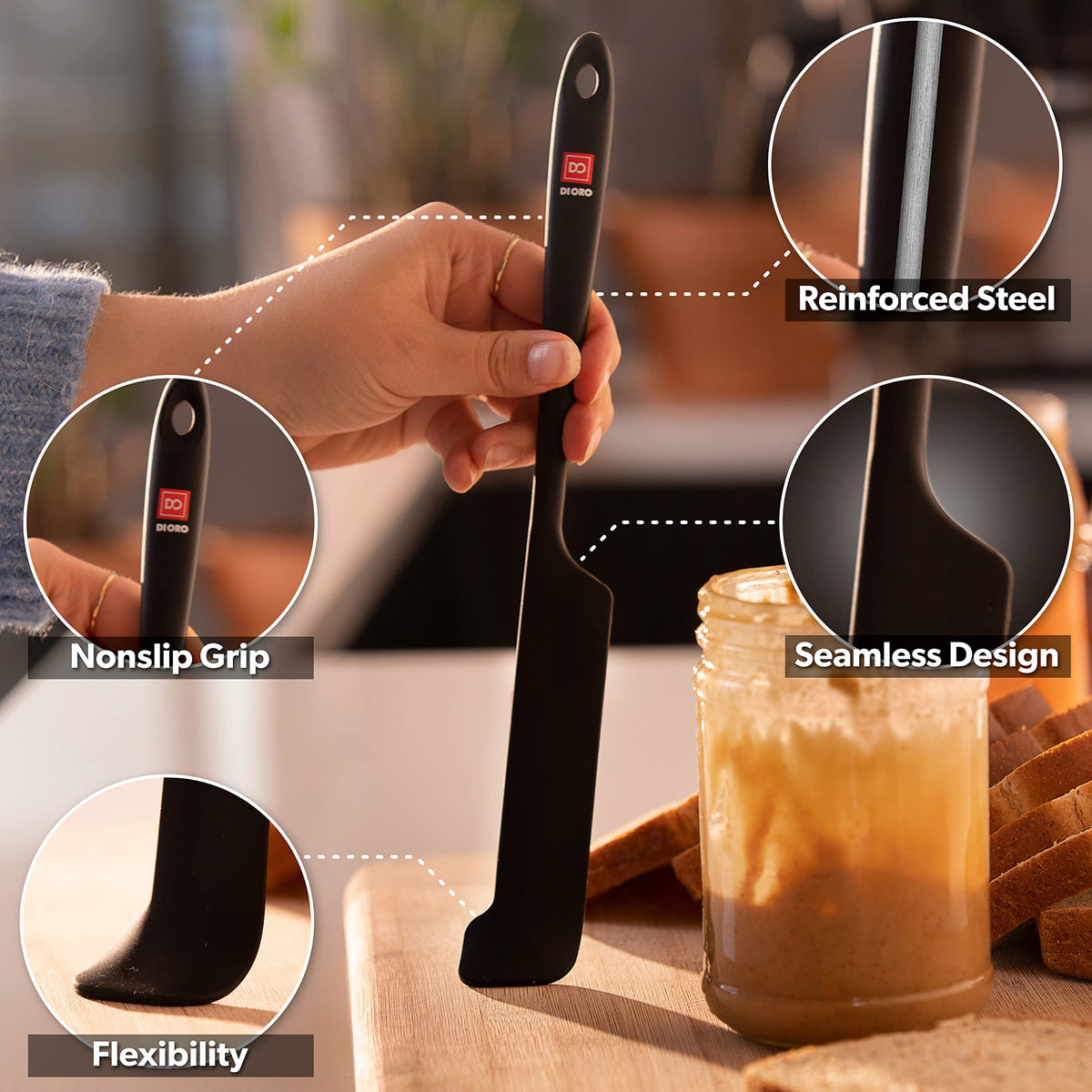DI ORO Living spatula with stainless steel core resists bending during scraping
