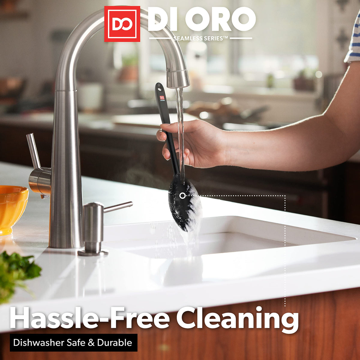 DI ORO Living silicone spoon shows dishwasher-safe design for easy cleanup.
