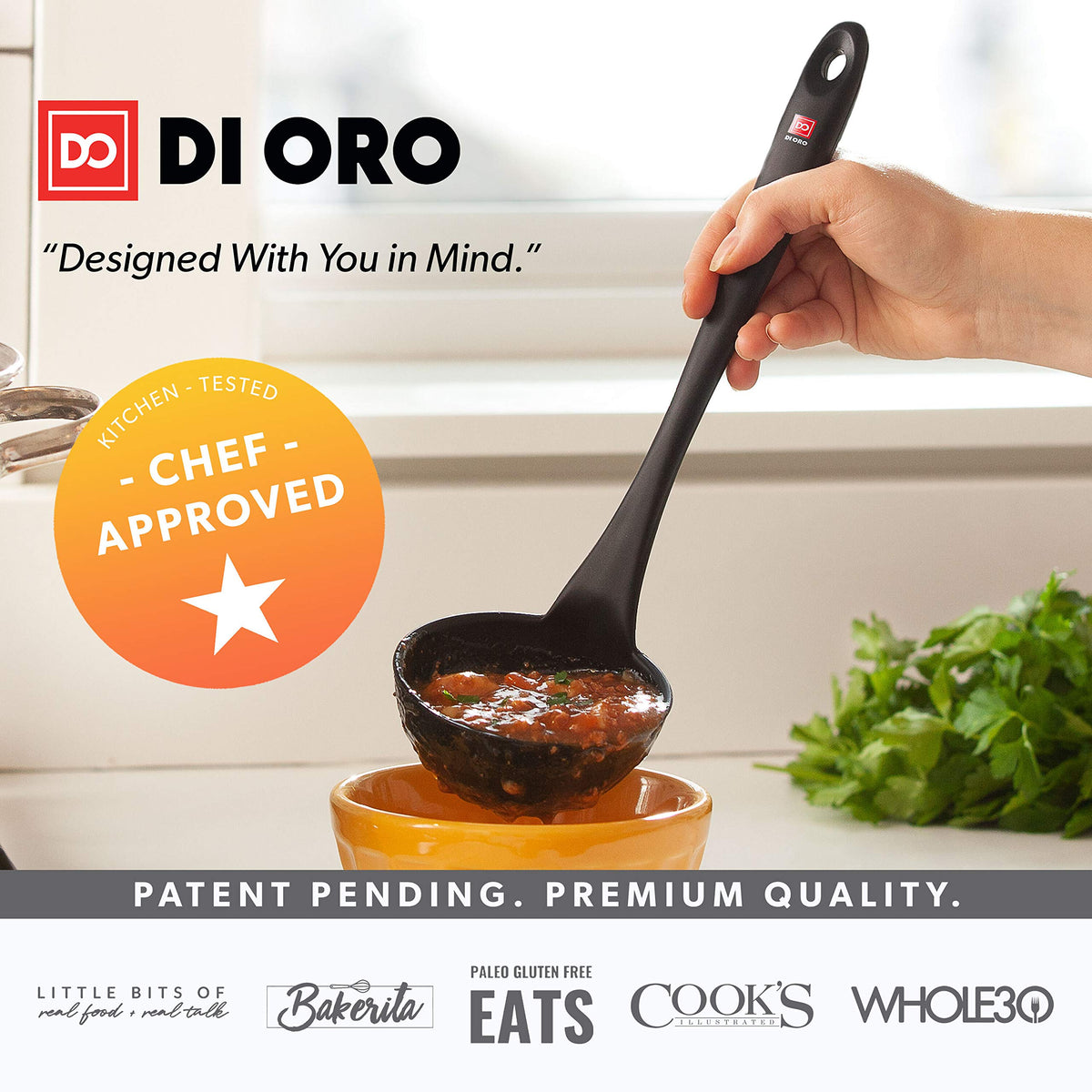 DI ORO Silicone Ladle has an ergonomic handle for comfortable gripping