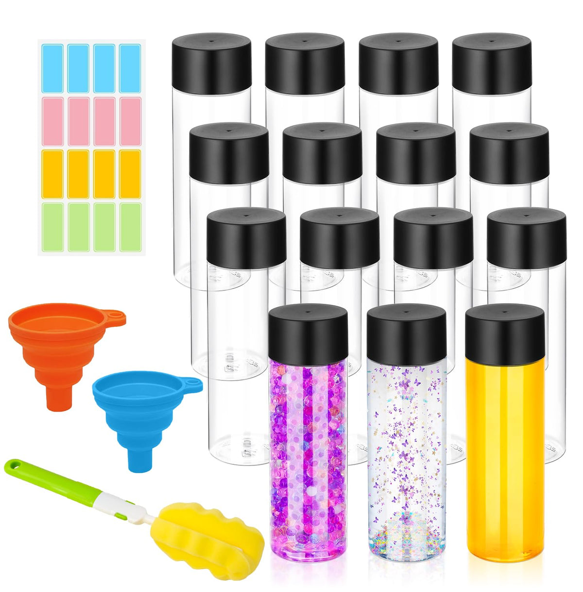 DI QIU REN sensory bottle close-up with cap shows leak-proof seal for mess-free use.