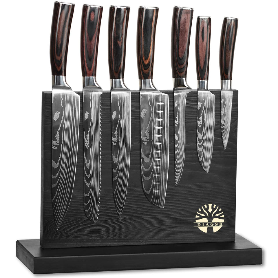 Diagsh 7-piece knife set in magnetic block for organized storage and quick access.
