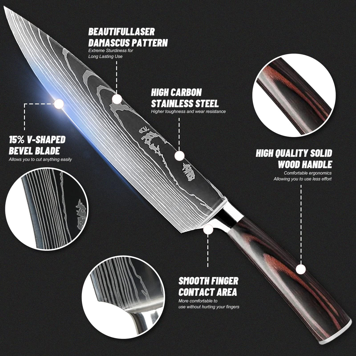 Diagsh 8-inch chef knife with ergonomic handle for precise slicing.