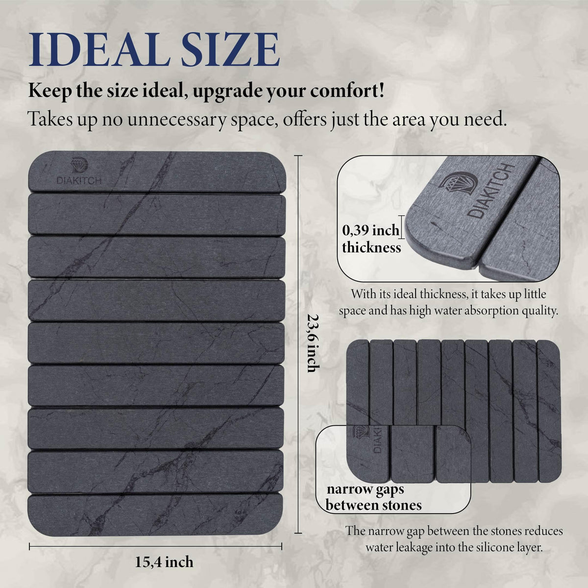 Diakitch stone drying mat spread on counter supports quick dish drying.