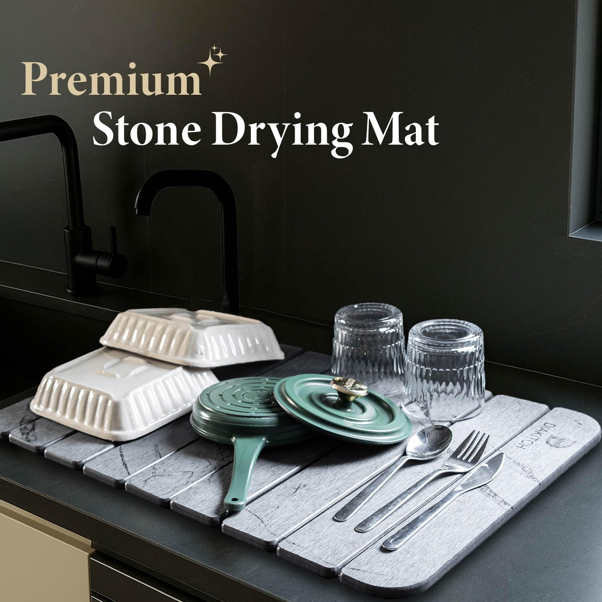 Diakitch stone drying mat in use for drying dishes and utensils efficiently.