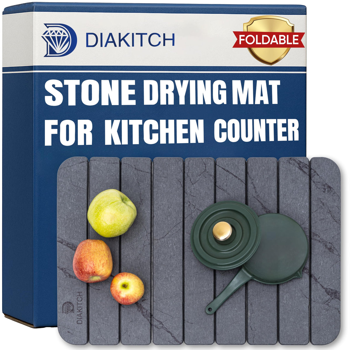 Diakitch stone drying mat on marble surface keeps countertops dry with luxury style.