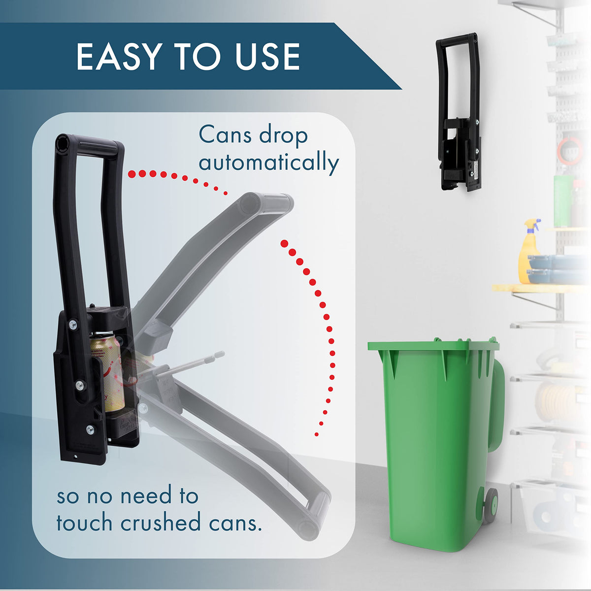 Dial Industries Easy Pull can crusher dispensing mechanism for hands-free disposal