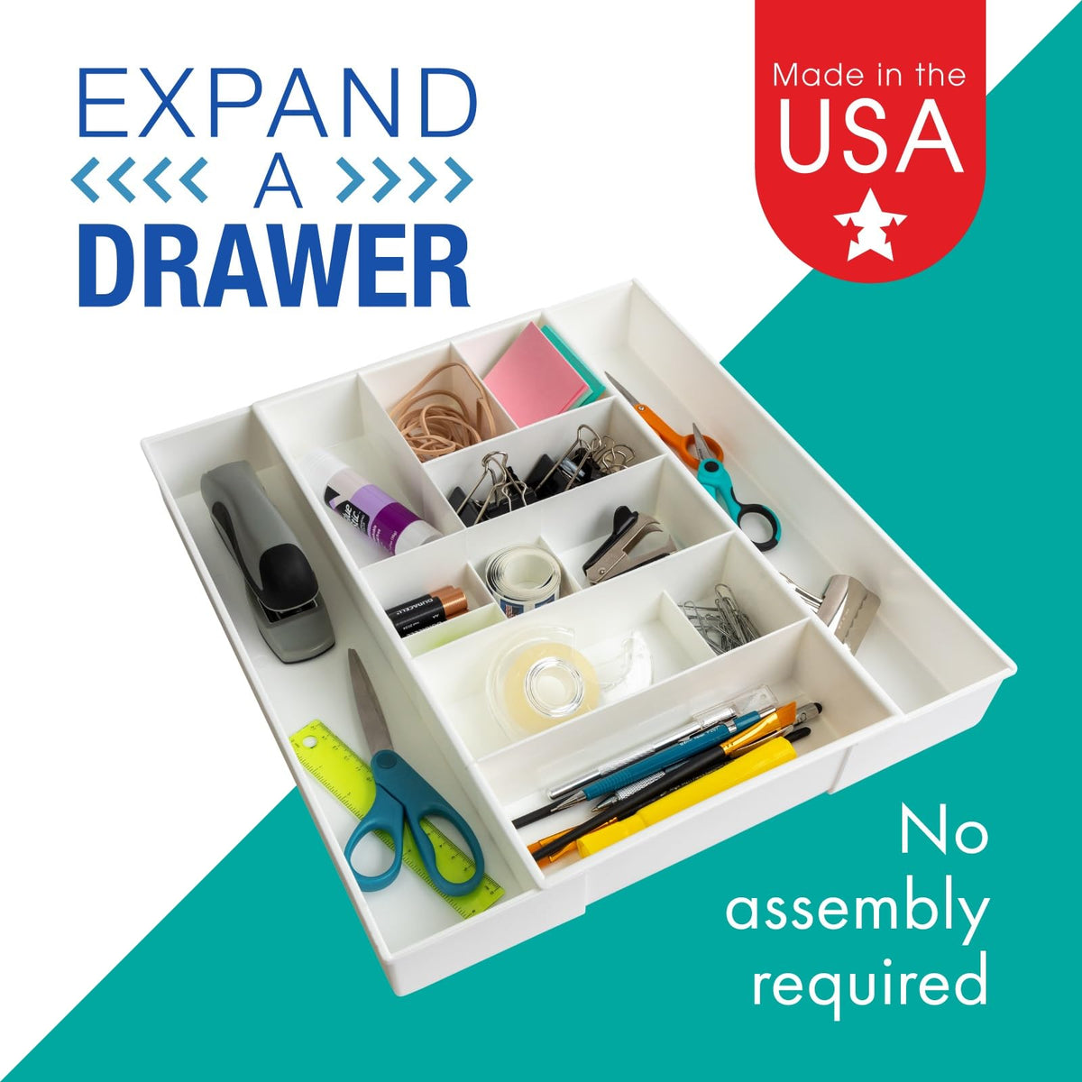 Dial Industries expandable junk drawer extended to fit larger drawers and customize space
