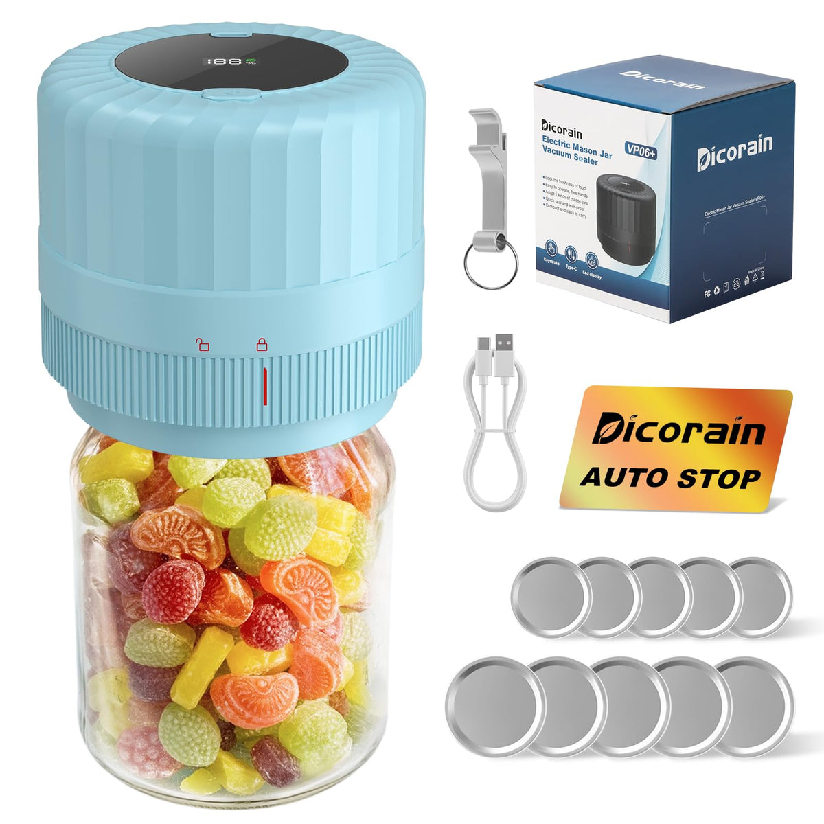 Dicorain VP06+ sealer unit demonstrating 2-in-1 vacuum action for jars, preserving freshness