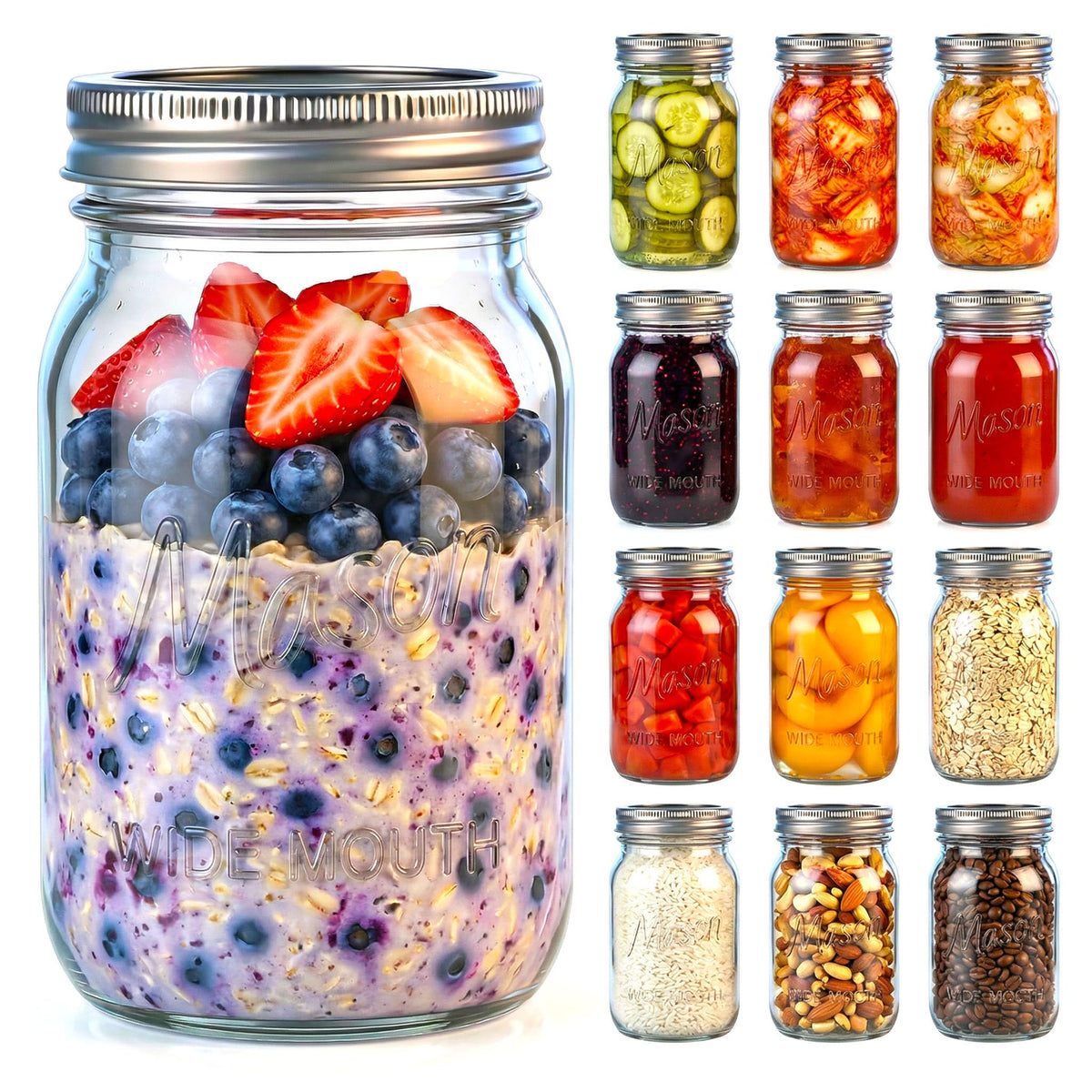 DicraoLea 12-pack 32oz wide-mouth jars for batch canning and easy scooping.