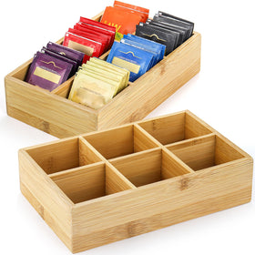 Dicunoy bamboo tea bag organizer with six compartments keeps tea bags neatly organized.