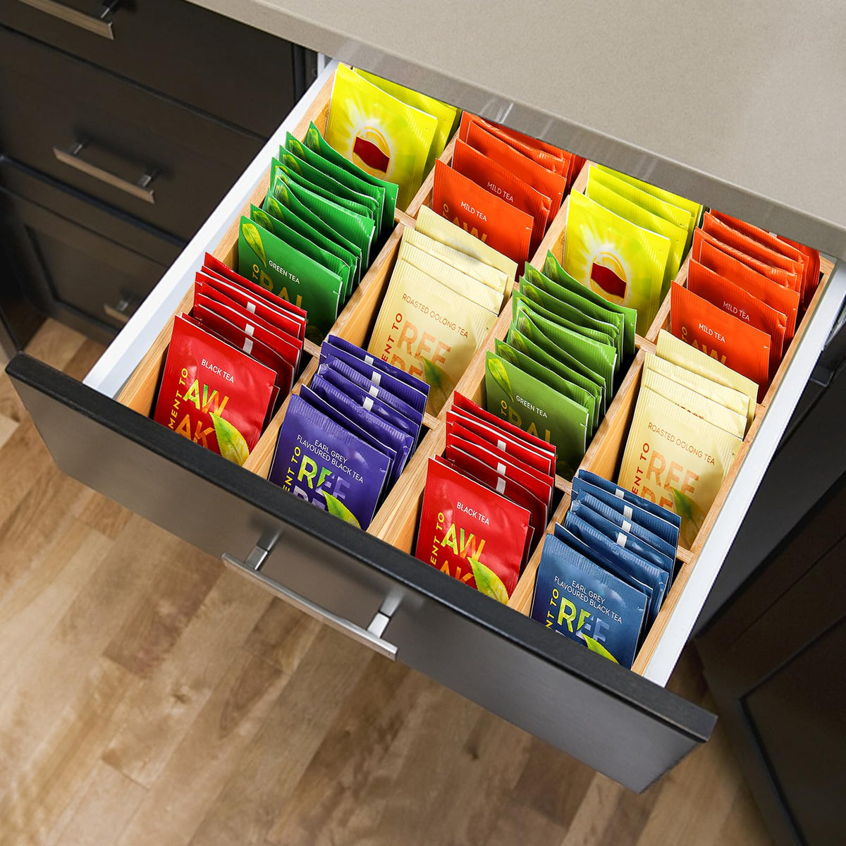 Store sugar packets and honey sticks alongside tea with Dicunoy organizer.