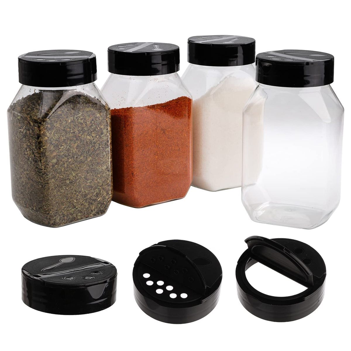 Dicunoy reusable PET plastic jars for dry spices, herbs, and snacks.