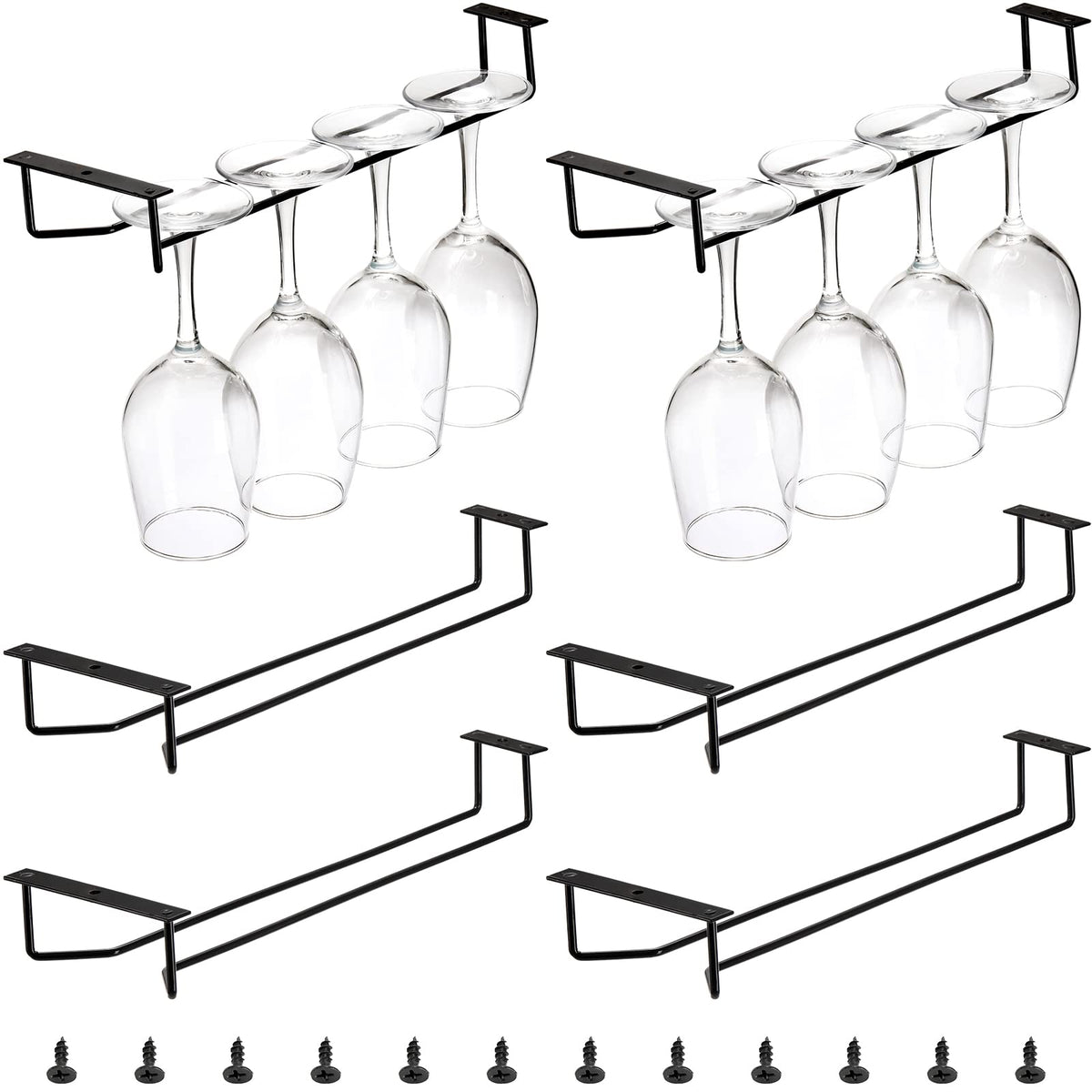 Dicunoy under-cabinet wine glass rack with six-pack holds glasses neatly to save space.
