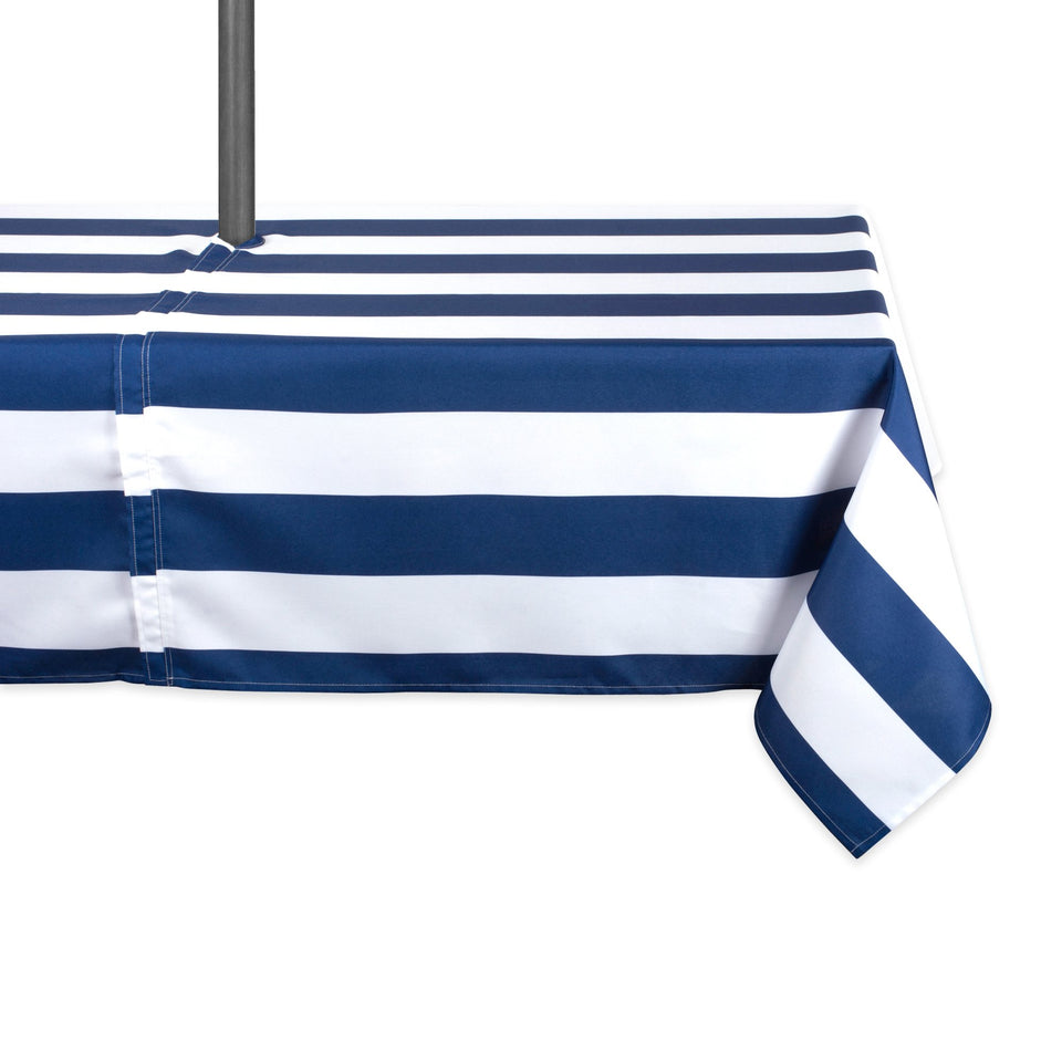 DII Cabana Stripe outdoor tablecloth with umbrella zipper hole.