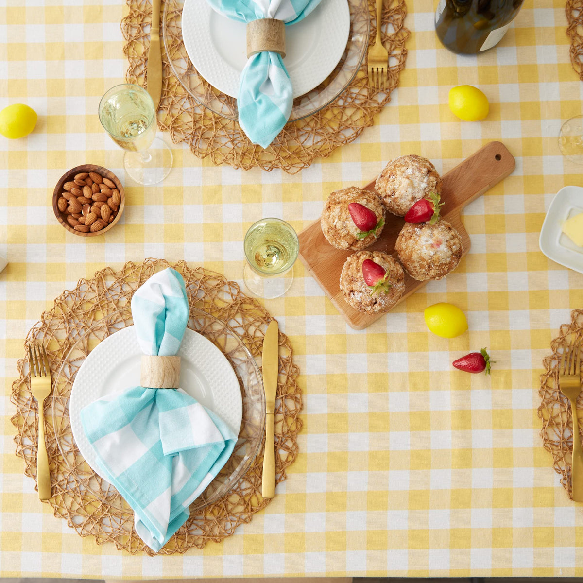 DII checkered tablecloth yellow centerpiece setup for festive tables