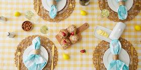 DII checkered tablecloth yellow with napkins and rings decor accent