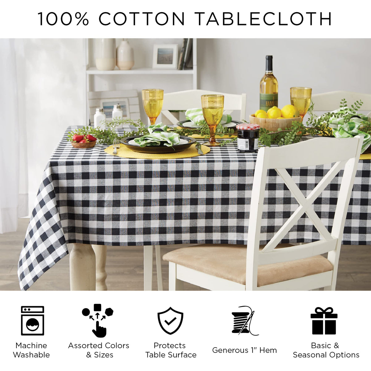 DII checkered tablecloth yellow wrinkle-resistant feature preserves crisp look