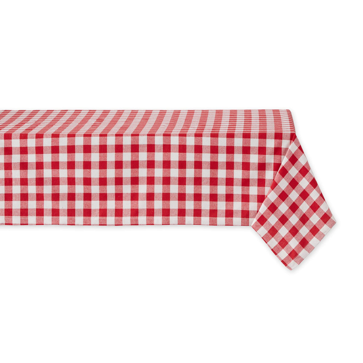 DII checkered tablecloth on dining table, 60x84, easy care cotton.
