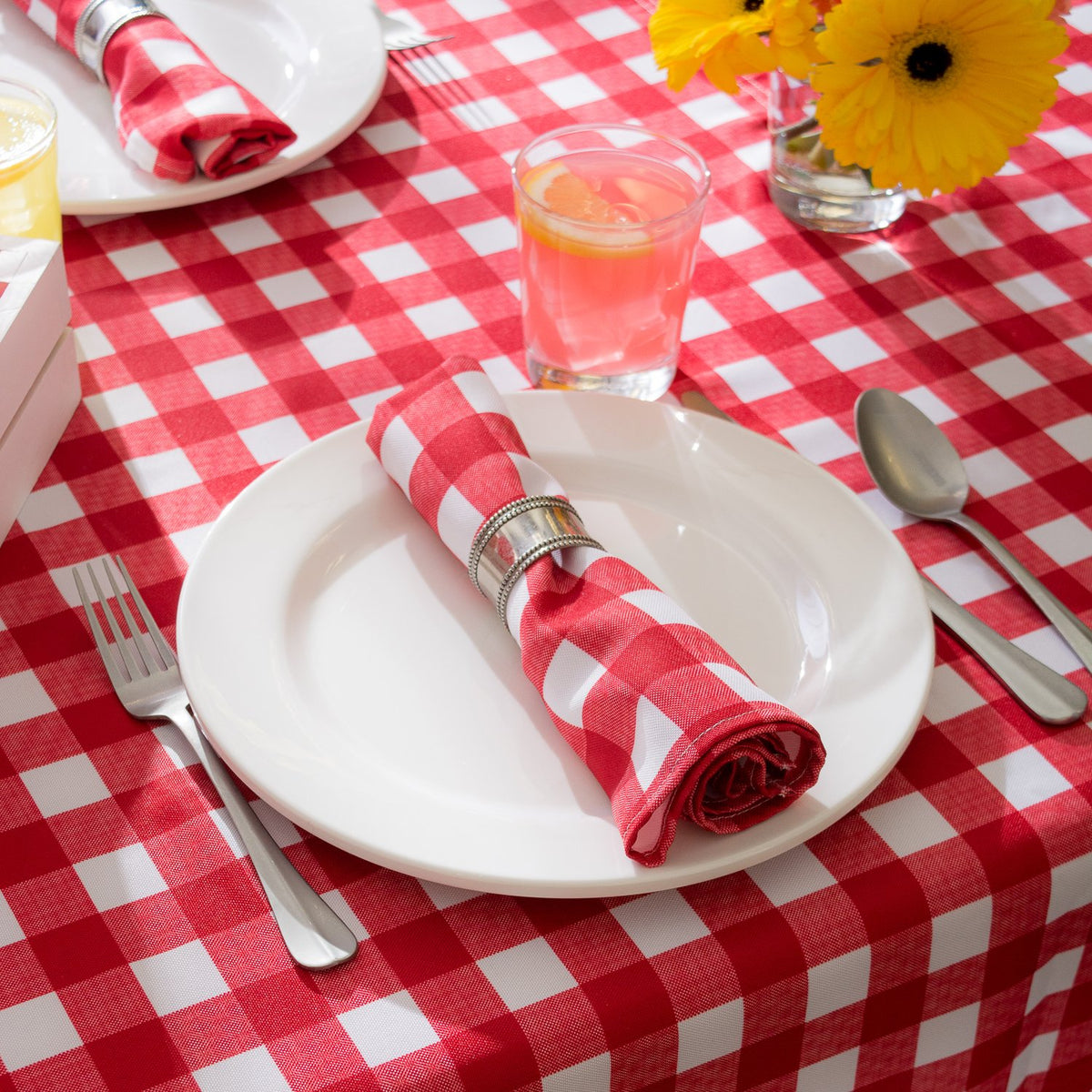 DII checkered tablecloth showing wrinkle-resistant finish for a polished look.