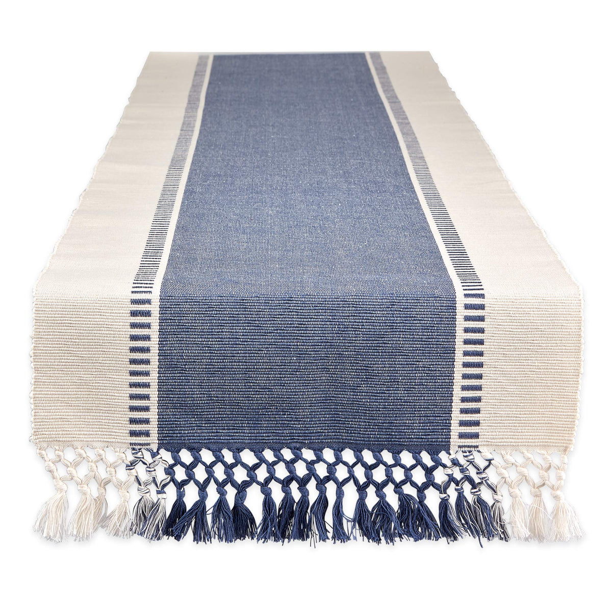 DII dobby stripe table runner with blue fringe enhances dining ambiance.
