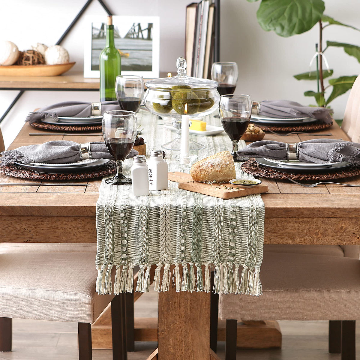 DII Farmhouse Braided Stripe Table Runner on entryway or coffee table as decor cover