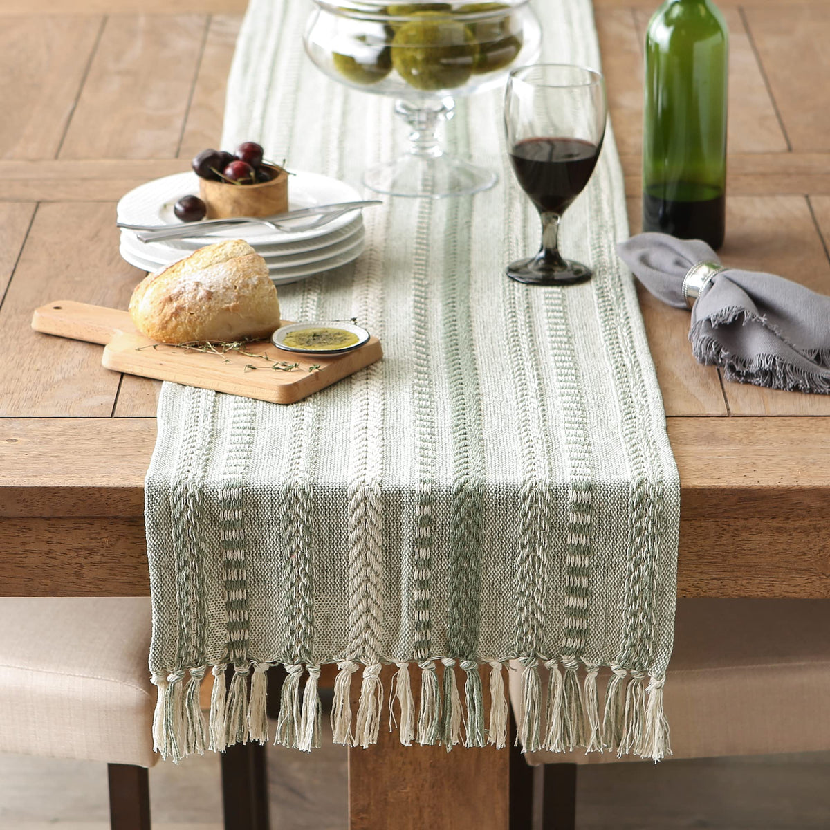 DII Farmhouse Braided Stripe Table Runner macrame fringe edge enhances casual dining aesthetic